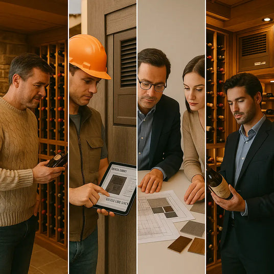 Split scene of homeowner, contractor, architect, and wine enthusiast engaging with luxury wine cellars and Breezaire cooling units.