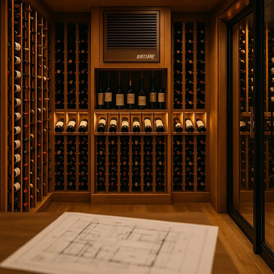Square view of a luxury wine cellar with Breezaire cooling system, wooden racks, soft lighting, and architectural blueprint.