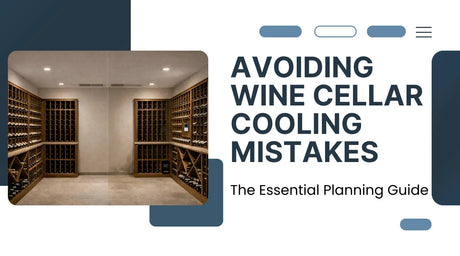 Wine cellar cooling planning guide showing a professionally designed residential wine cellar with wood wine racks, highlighting proper layout and climate control to avoid common wine cellar cooling mistakes.