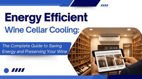 Energy-efficient wine cellar cooling guide featuring a modern residential wine cellar with a wall-mounted cooling system and a homeowner reviewing wine cooling system options on a tablet to save energy and preserve wine quality.