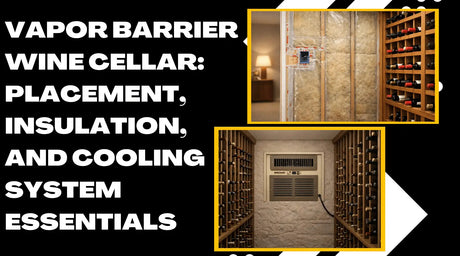 Wine cellar vapor barrier installation showing wall insulation, proper vapor barrier placement, and a through-the-wall wine cellar cooling system installed between wood wine racks for optimal temperature and humidity control.