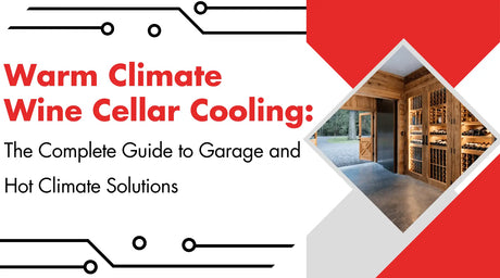 Warm climate wine cellar cooling guide showing a garage-based wine cellar with wood wine racks and a climate-controlled cooling system designed for hot and warm environment wine storage solutions.