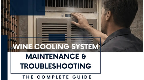 Wine cellar cooling system maintenance and troubleshooting guide showing a technician inspecting a wall-mounted wine cooling unit inside a residential wine cellar.