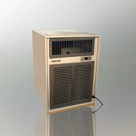 Breezaire through-the-wall wine cellar cooling unit with digital temperature controls and front ventilation, designed for reliable wine cellar climate control.