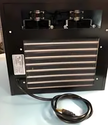 Breezaire wine cooling unit modified with power cord exiting the back panel and rear ventilation grille visible.